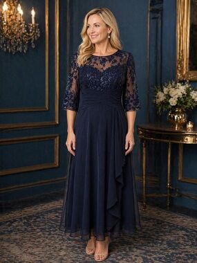 #241 Navy sweetheart neckline, Mesh & Sequins Chiffon Tea Length Dress-Med/10